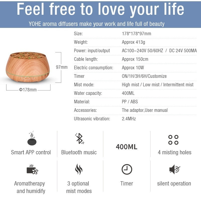 New Smart App Control Bluetooth Music Ultrasonic Aroma Diffuser Color Light Essential Oil Humidifier