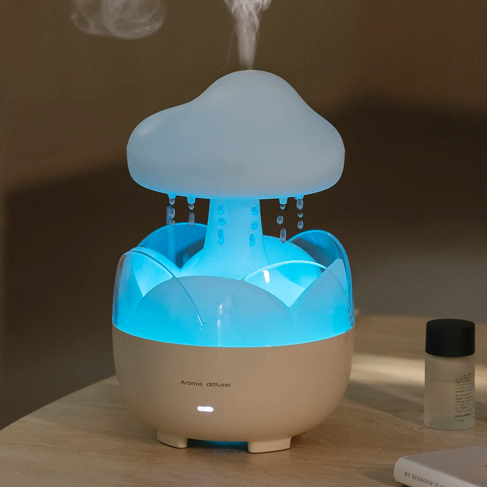 Mushroom-Shaped Electric Air Humidifier with Aroma Diffuser Colorful Night Lights Relaxing Water Drop Sounds Rain Cloud Design