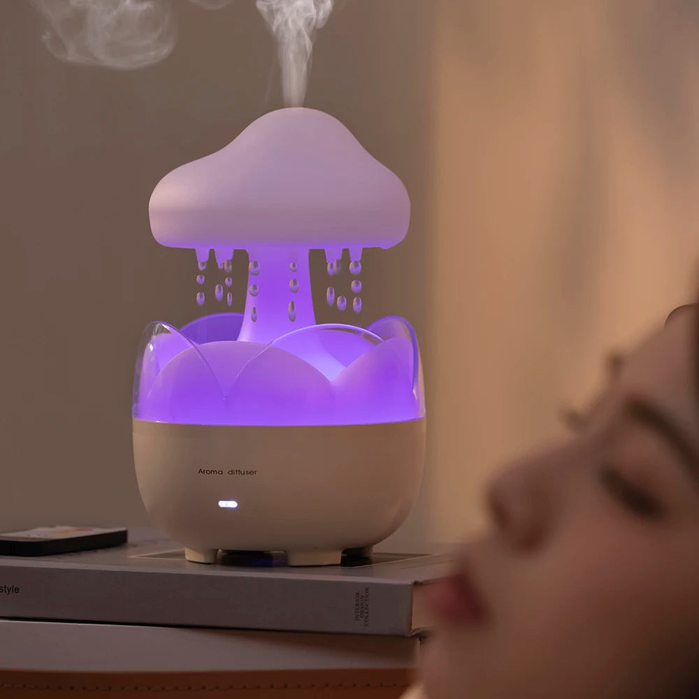 Mushroom-Shaped Electric Air Humidifier with Aroma Diffuser Colorful Night Lights Relaxing Water Drop Sounds Rain Cloud Design