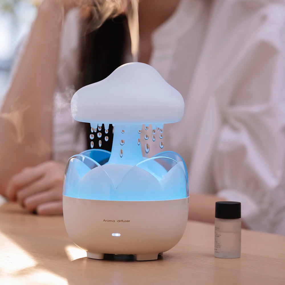 Mushroom-Shaped Electric Air Humidifier with Aroma Diffuser Colorful Night Lights Relaxing Water Drop Sounds Rain Cloud Design