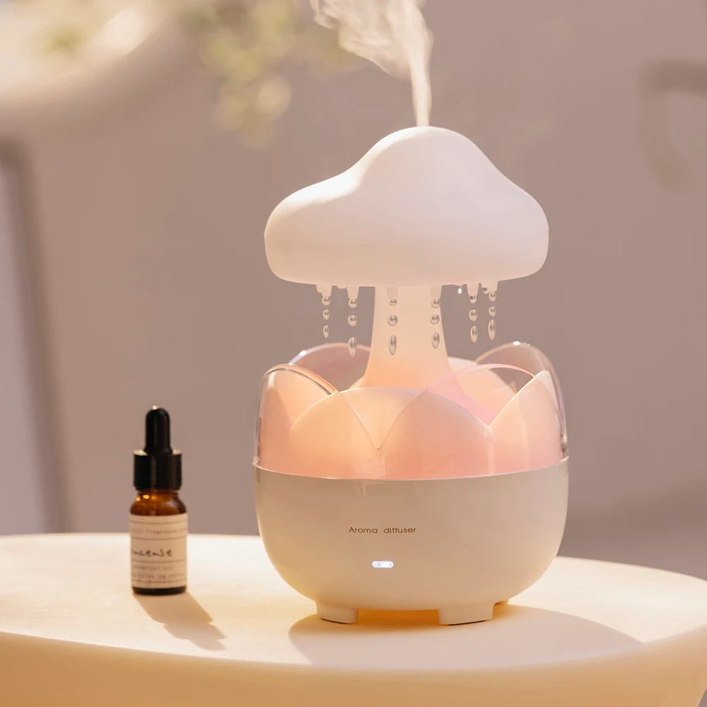 Mushroom-Shaped Electric Air Humidifier with Aroma Diffuser Colorful Night Lights Relaxing Water Drop Sounds Rain Cloud Design