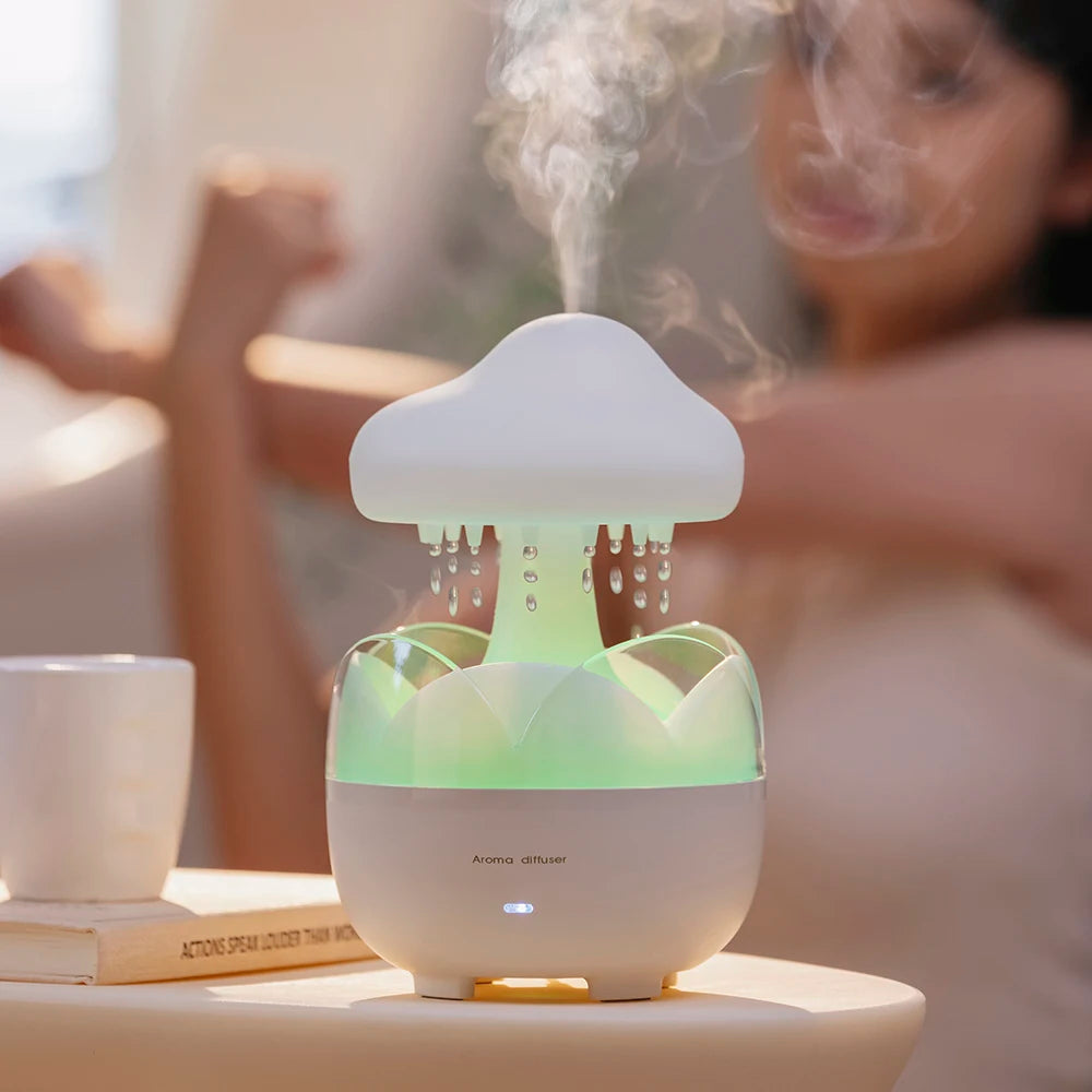 Mushroom-Shaped Electric Air Humidifier with Aroma Diffuser Colorful Night Lights Relaxing Water Drop Sounds Rain Cloud Design